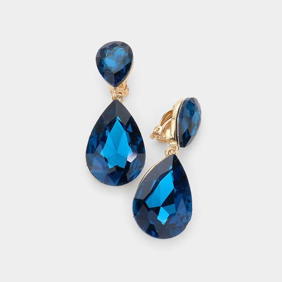 Clip on 2" gold and blue stone double teardrop dangle earrings - Picture 3 of 4